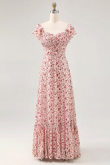 Blush Flower Printed Ruched A Line Wedding Guest Dress with Slit